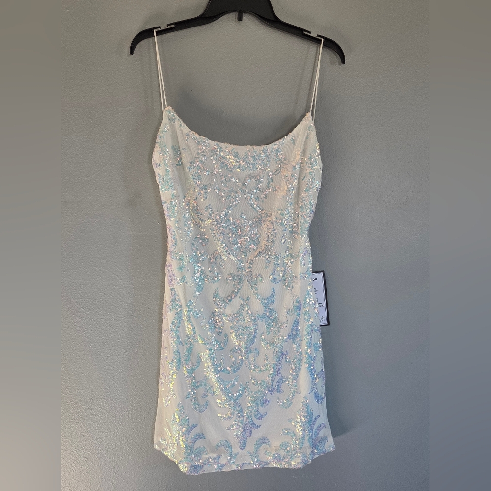 Macy's White and Silver Sequin Junior Formal Dress